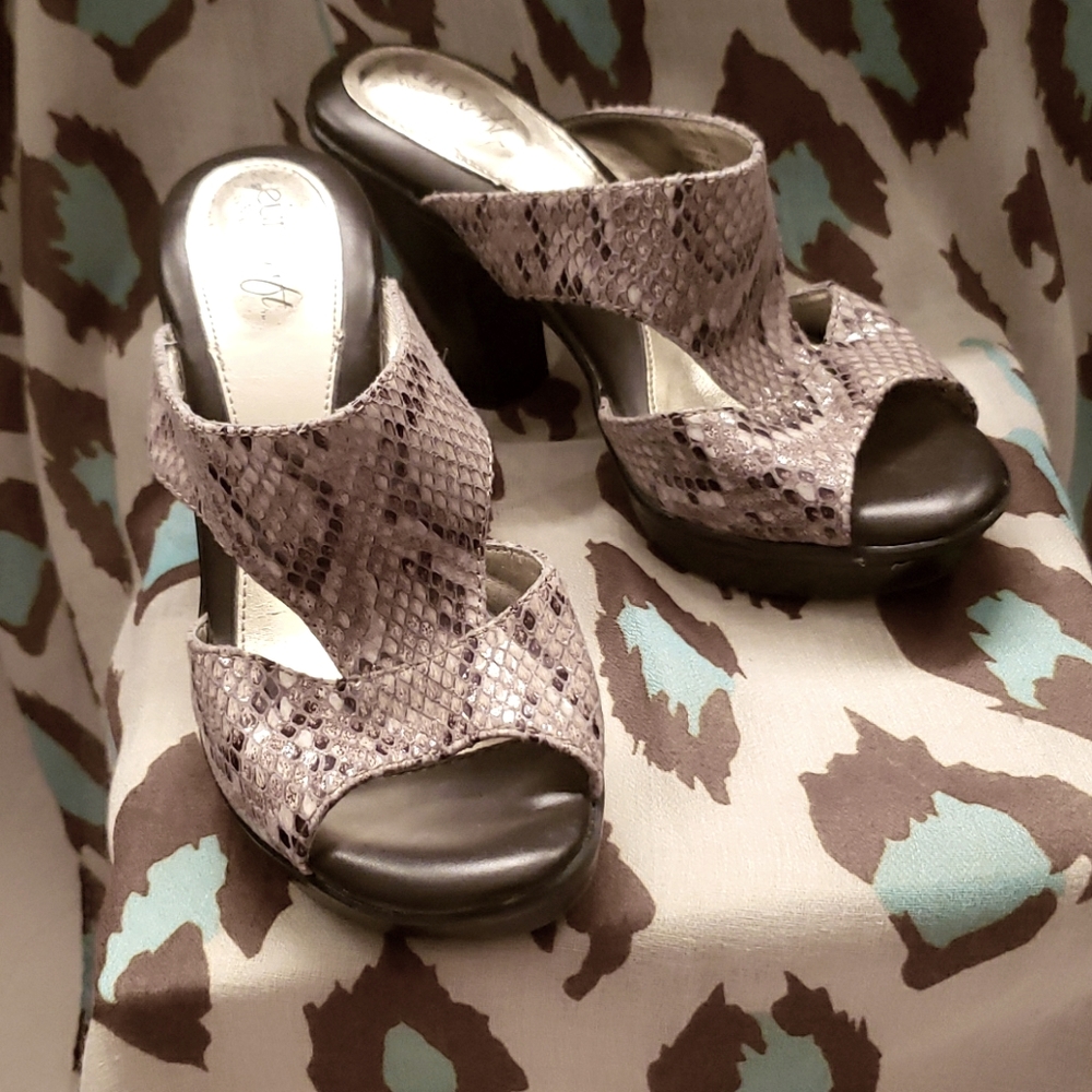 Snakeskin mule heels